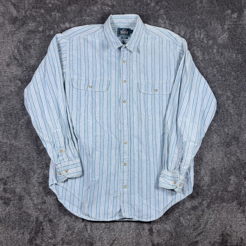 Woolrich Mens Blue White Striped Cotton Long Sleeve Button Down Shirt Size M